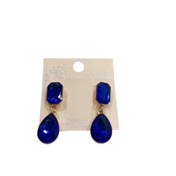 Gold and Royal Blue Crystal Dangle Earrings - Picture 4 of 4